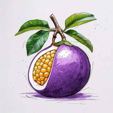 purple passion fruit sketch with green leaves clip art preview