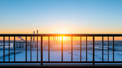 Obraz premium Industrial sunset view from balcony, winter landscape. Website banner or postcard