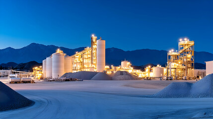Fototapeta premium Industrial plant at dusk, mountains backdrop, material processing, construction material production
