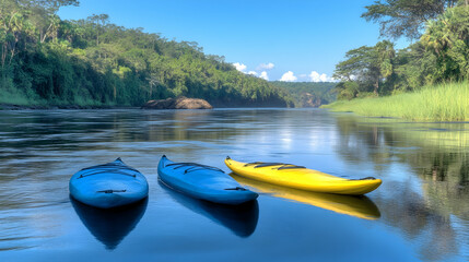 Kayaks on calm river, lush rainforest backdrop, sunny day, adventure tourism