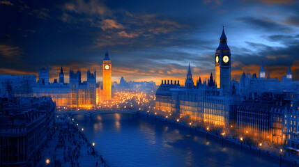 Naklejka premium London cityscape at sunset, Houses of Parliament, Thames River, city lights, tourism