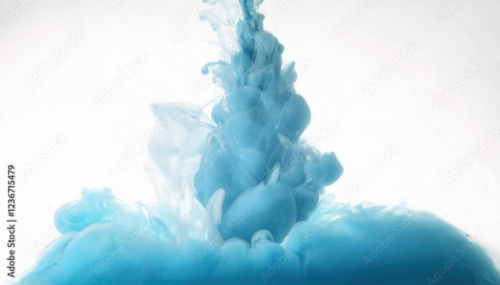 Poster ethereal blue ink explosion in water forming cloud like texture and organic patterns, perfect for ab