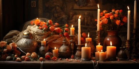 Still life candles, roses, urn, painting background.