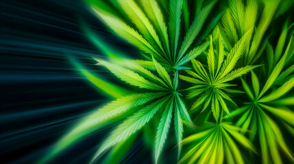 Lush cannabis plants, overhead view, dark background,  for medical or recreational use