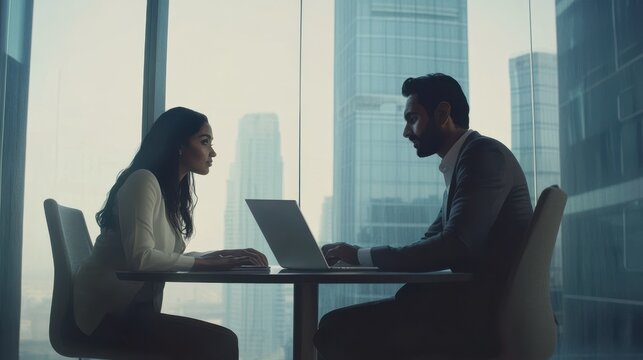 Indian male businessman executive manager mentor explaining working operations to female African American colleague coworker intern using laptop sitting in modern office conference room.