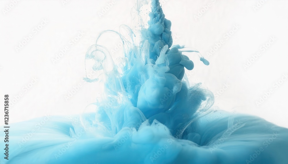 Poster ethereal blue ink explosion in water forming cloud like texture and organic patterns, perfect for ab