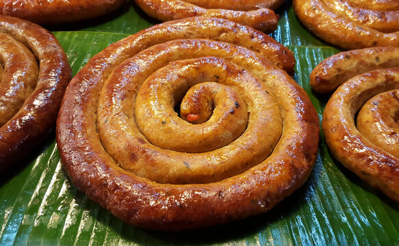 Close Up Thai Sausage on banana leaf