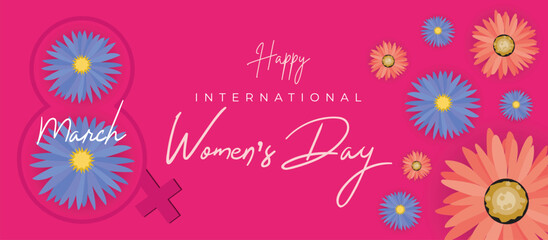 Happy International Women's Day March 8 Banner Vibrant Floral Design for Celebrating Women and Equality. Colorful Women's Day Wishes Background, Greeting Card, Web, Flyer, 8th March Holiday Concept