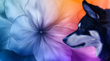 Majestic husky profile against vibrant flower background; nature and pet art for print, cards, or websites