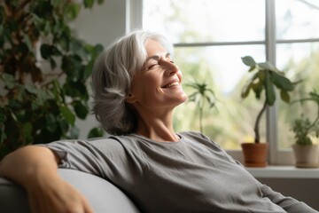 Relaxed mature woman breathing fresh air and smiling while resting on comfortable sofa near window at home