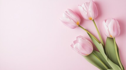 Obraz premium Soft and Romantic Pink Tulips Flat Lay on Isolated Pastel Background, Ideal for Mother’s Day or Valentine’s Day Celebration