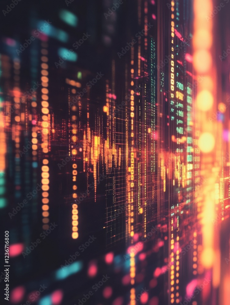 Poster creative glowing blurry forex chart background with binary code. stock and trade concept. 3d renderi