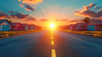 Modern neighborhood at dusk with warm lights illuminating road and houses, creating serene atmosphere