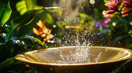 Vibrant water droplets splash in a golden bowl, surrounded by tropical blooms, radiating joy and warmth.