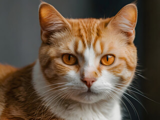 Obraz premium Intriguing Gaze: A captivating close-up of a ginger and white cat with striking amber eyes, the feline's focused gaze holds a depth that beckons viewers to connect. 
