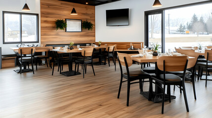 Modern restaurant interior, tables set for diners, snowy winter scene outside, ideal for food or hospitality marketing