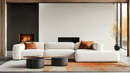 Modern sectional sofa in minimalist living room with fireplace, autumnal decor, and large windows