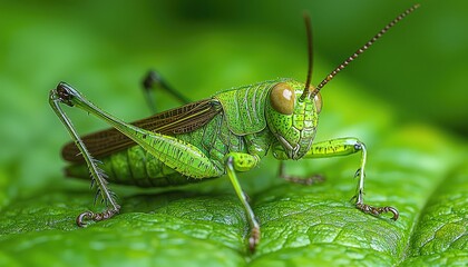 Fototapeta premium Vibrant Green Grasshopper on Lush Green Leaf
