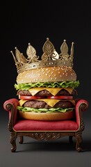 Burger with a crown on a royal chair