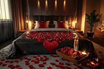 luxurious valentines day bedroom set up with roses