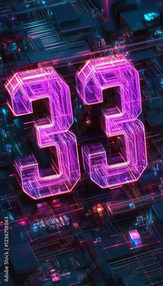Poster glowing digital 3d number 33 on abstract digital background with futuristic circuit board effect