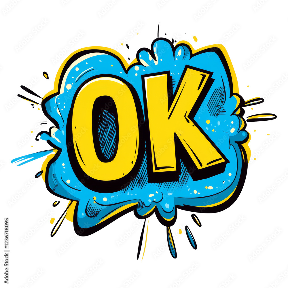 Poster a stylized comic book style graphic of the word ok in yellow letters set against a blue background w