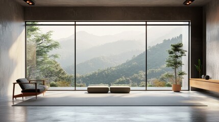 Modern office interior with large windows and blank wall for presentations.
