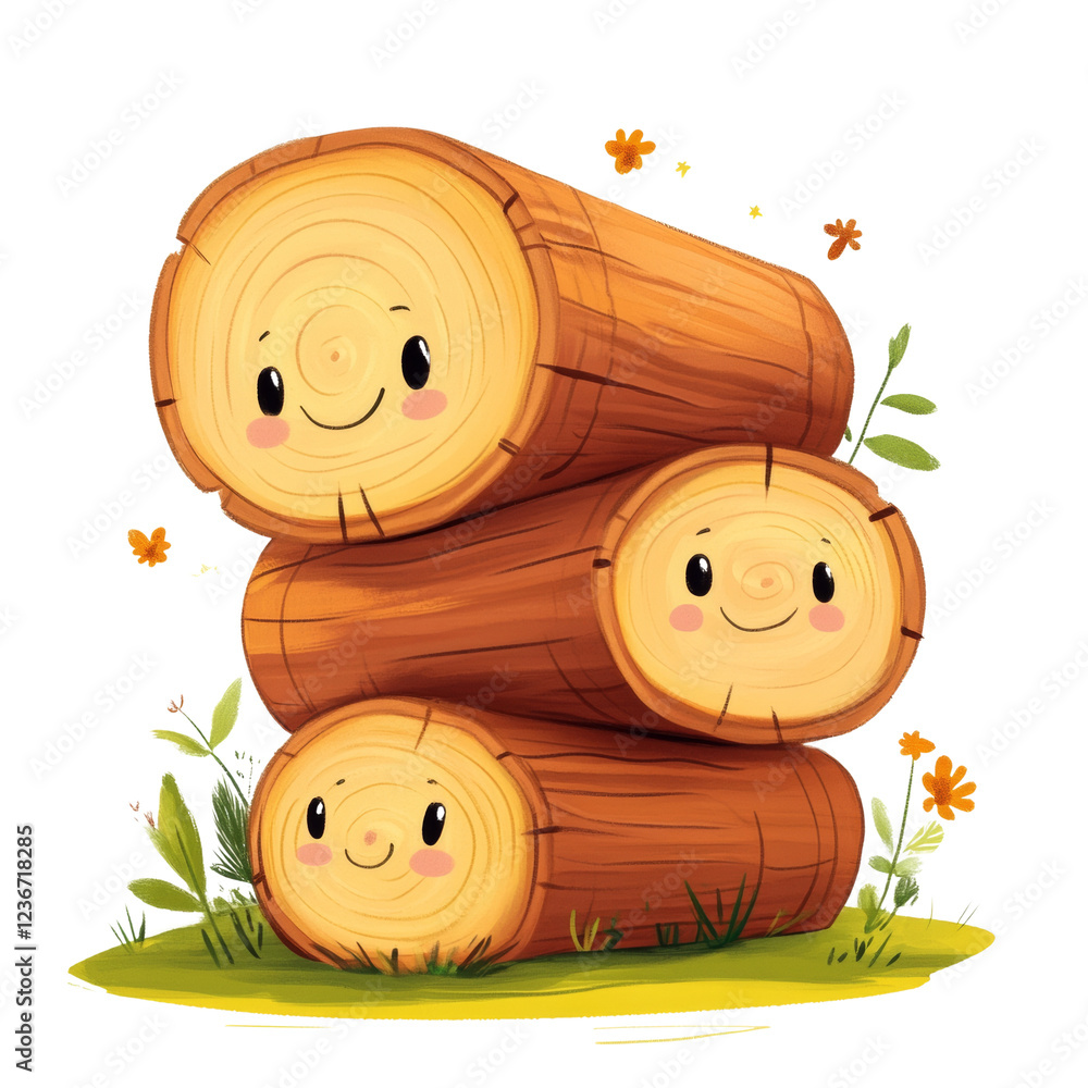 Poster a digital illustration depicts three cartoonish wooden logs with smiling faces stacked on a patch of