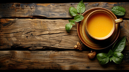 Fototapeta premium warm cup of orange beverage on rustic wooden table with green leaves