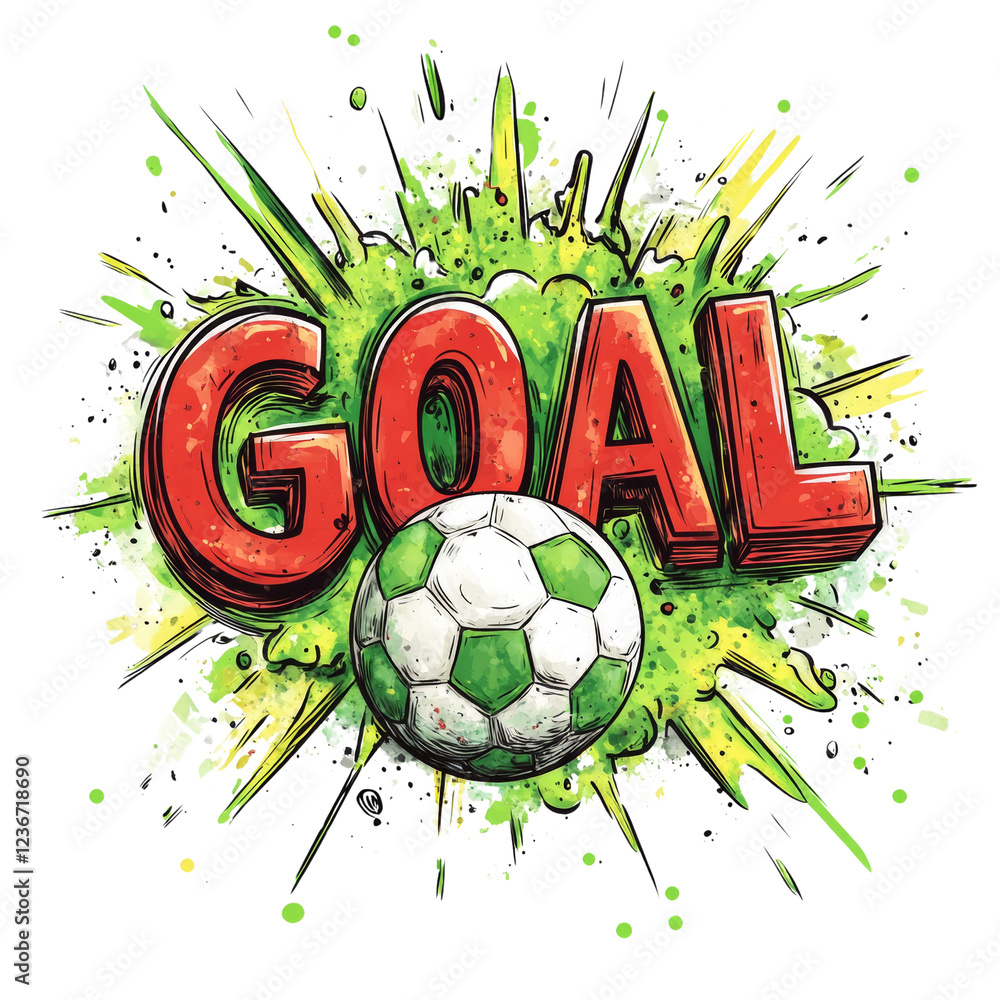 Poster a vibrant graphic design depicting a soccer ball within a goal explosion showcasing dynamic energy a