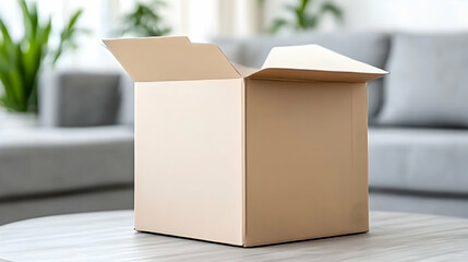 Open cardboard box on a table in living room.  Home delivery, unpacking, new purchase