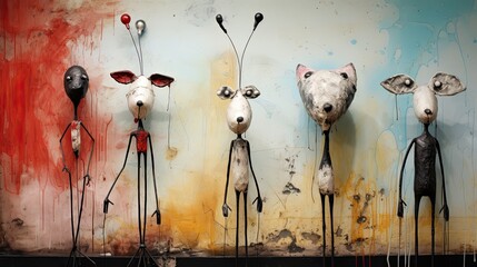 A painting of funny colorful 3d cartoon puppets caricatures of people and animals.with colorful background.