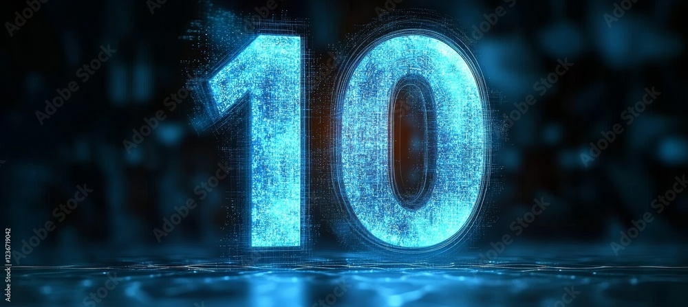 Poster glowing digital single big 3d number 10 in futuristic style on digital abstract background