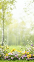 Spring Meadow Dream: Vibrant wildflowers in hues of yellow, purple, and white bloom profusely at the edge of a sun-drenched meadow, creating a dreamy, idyllic spring scene.