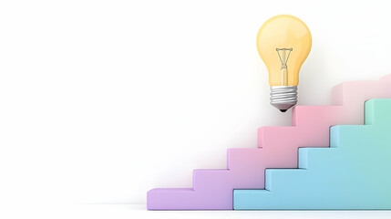 Pastel stairs leading to a lightbulb, idea growth concept, white background, business growth illustration