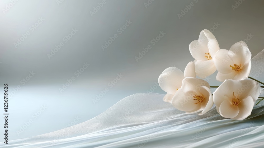 Poster soft white flowers placed delicately on light fabric create a serene background suitable for designi