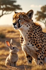 Fototapeta premium Cheetah standing proudly beside a curious rabbit in a golden savannah landscape 