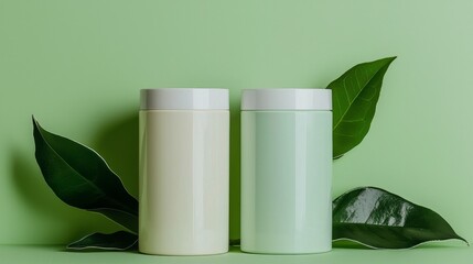 Elegant Minimalist Jars with Green Leaves on Soft Green Background