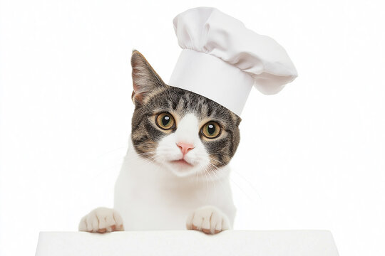 Cute tabby cat chef with a hat, whiskers, and playful expression portrait in kitchen