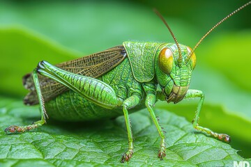 Fototapeta premium Vibrant Green Grasshopper on Lush Green Leaf