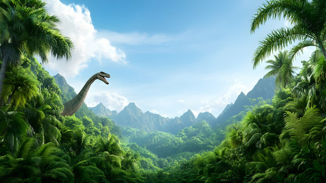 Prehistoric dinosaur in lush tropical valley, mountains backdrop; ideal for fantasy, adventure, or educational content