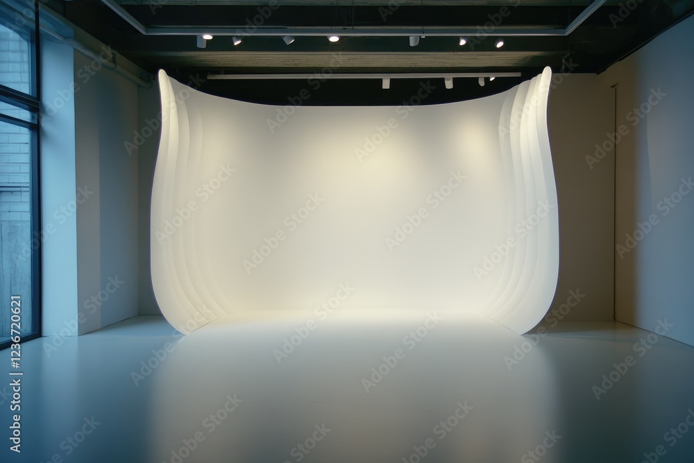 Poster artistic exhibition setup modern gallery visual display minimalist environment wide angle view conte