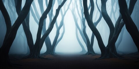 Obraz premium Sinister mist concept. A misty forest path lined with dark, twisted trees, creating an eerie and mysterious atmosphere.