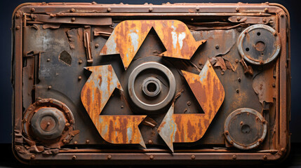 Rusty background showcases recycled symbol carved into metal, emphasizing importance of sustainable practices and environmental awareness