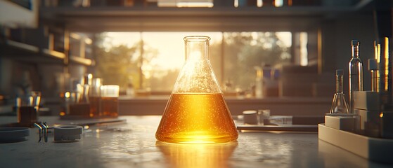Glass Laboratory Flask with Orange Liquid in Modern Science Space