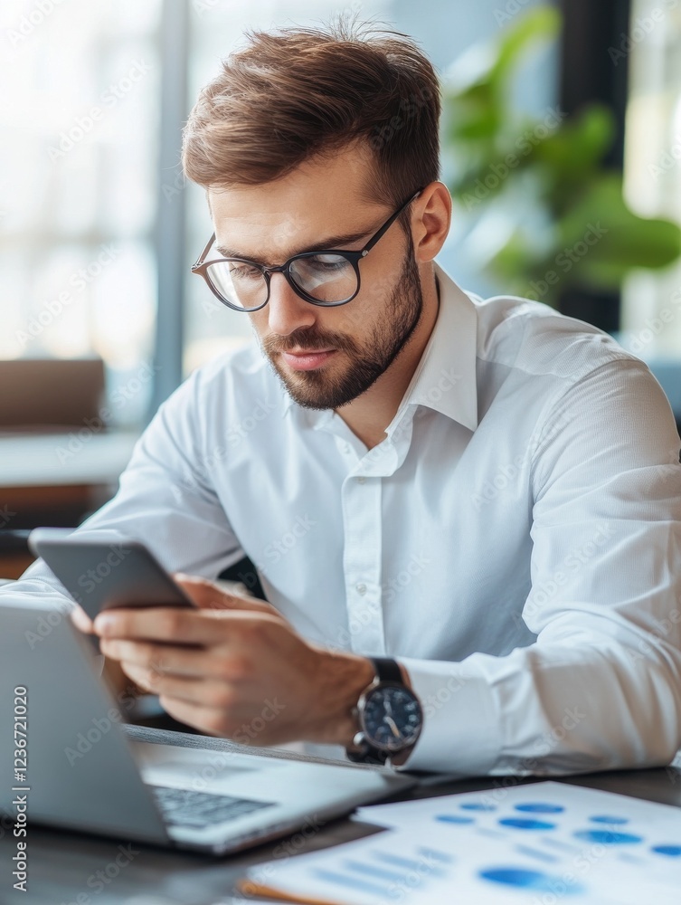Poster business man trader investor analyst using mobile phone app analytics for cryptocurrency financial m