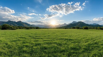 Fototapeta premium Sunset over grassy plains, mountains background, peaceful landscape, travel brochure