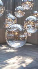 Elegant glass orbs glowing in modern space interior installation