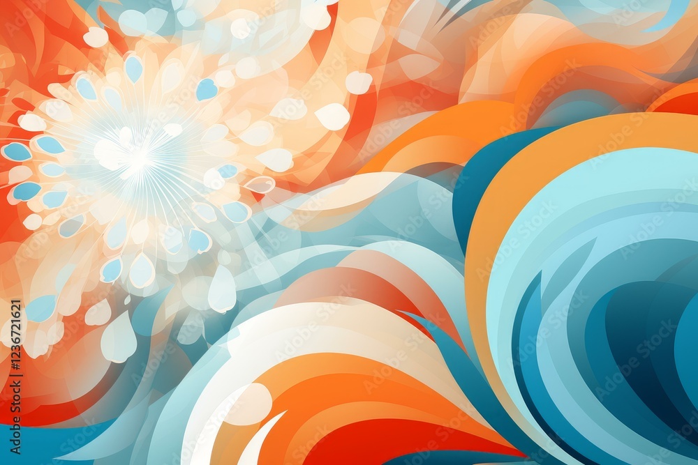 Poster orange and light blue waves creating an abstract background with a bright dandelion flower effect in
