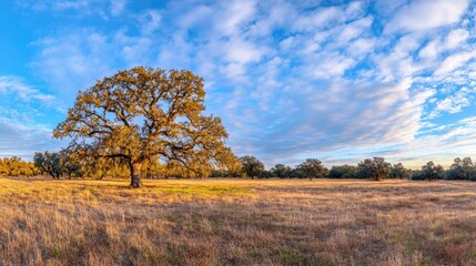 Fototapeta premium Golden Hour Oak: A majestic oak tree stands tall against a breathtaking backdrop of golden sunset hues and wispy clouds, exuding a sense of tranquility and resilience.